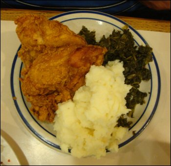 On Mike's first trip to the hot bar at the Country Pride Restaurant at the Willington Travel Center in Willington, CT, he got fried chicken, mashed potatoes and collard greens.