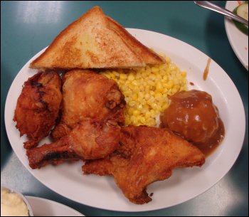 Mike's order of fried chicken, mashed potatoes with brown gravy and corn from the Buckhorn Restaurant at the Paulsboro Travel Plaza in Paulsboro, NJ.