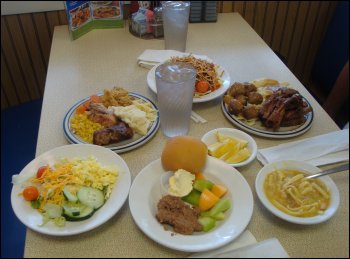 The table contains all of the dishes we ate at the Country Pride Restaurant at the TA in Wheeling, WV, except for Mike's second plate and desserts.