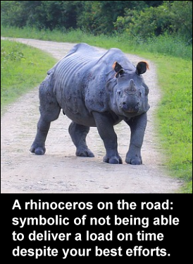 A rhinoceros on the road: symbolic of not being able to deliver a load on time despite your best efforts.