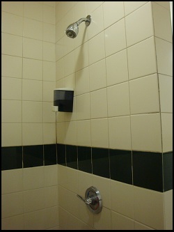 The shower head, soap dispenser and shower knob in Shower #7 at the Flying J in Kenly, NC.