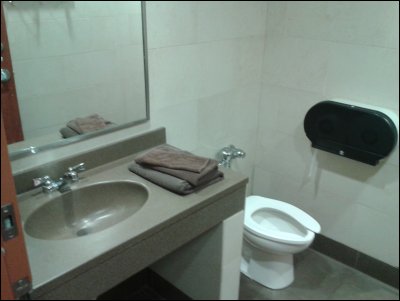 View from door of sink and toilet in shower facility at Flying J in Hudson (Roberts) Wisconsin