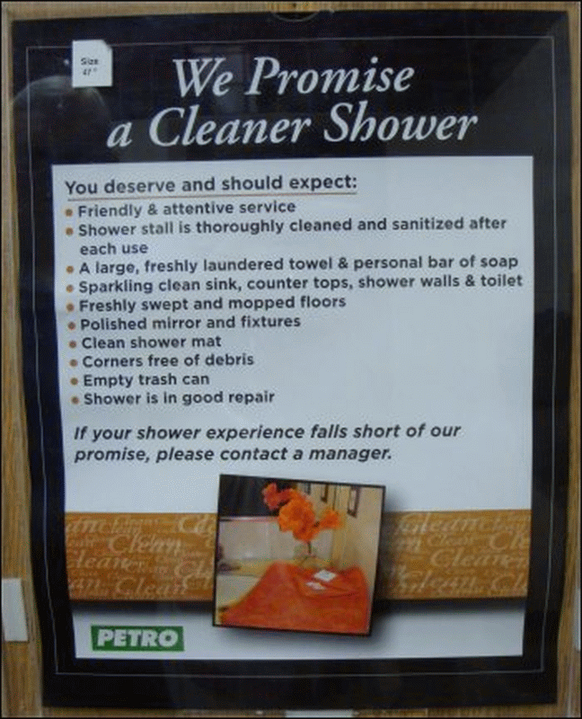 A photo of Petro's Cleaner Shower Promise, as posted on the back of the door of Shower #1 at Petro 2 in Kingsland, GA.