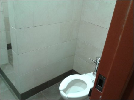 View of toilet with shower stall behind 