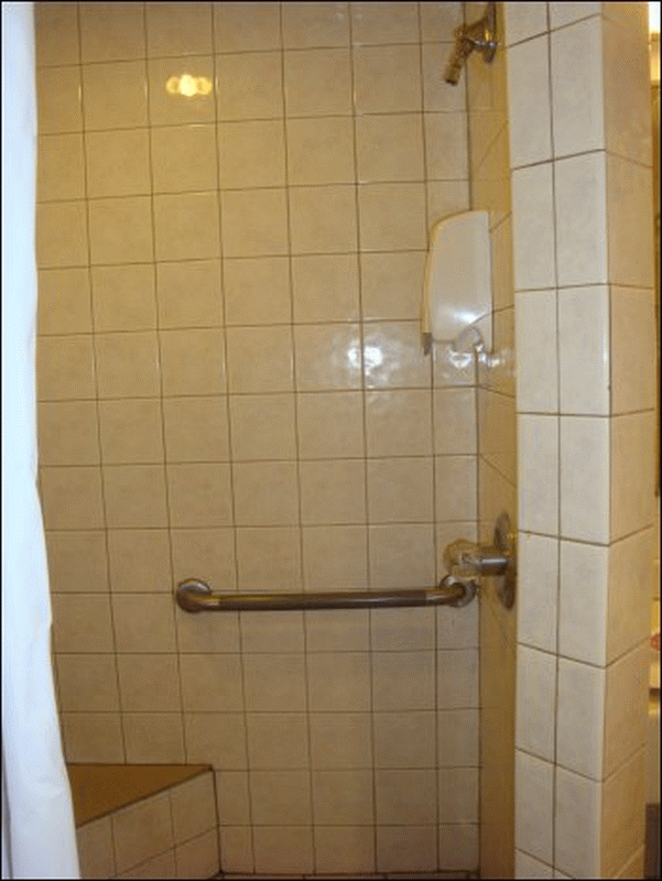 A view of one shower head, control knob, handrail, soap dispenser, triangular seat and shower curtain in Shower #11 at the Pilot in Breezewood, PA.