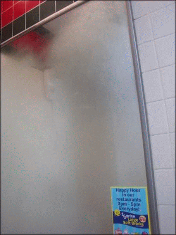 A photo of the very badly fogged mirror in Shower #3 at the Pilot Travel Center, Gaffney, SC. This shower has a bad humidity problem.