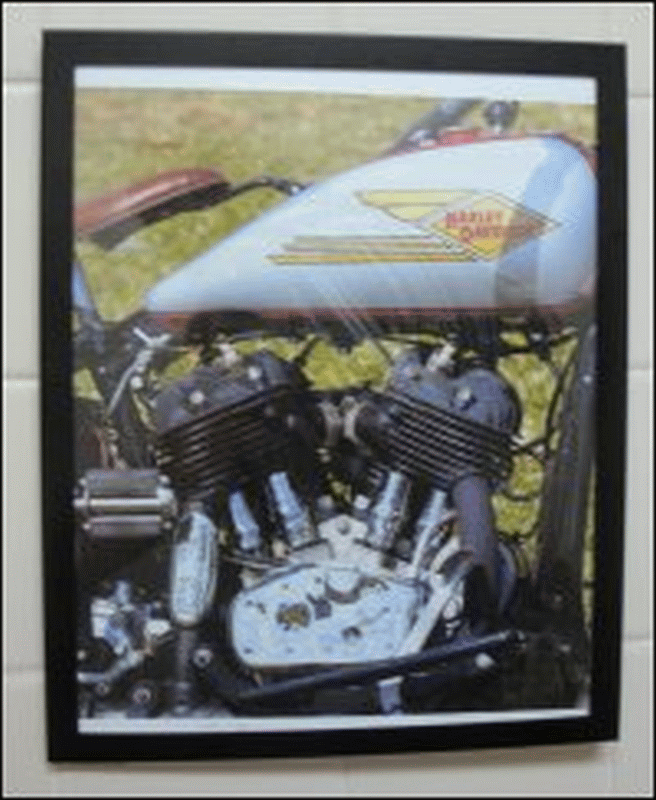 A photo of the framed photo of a Harley Davidson in Shower #3 at the Pilot Travel Center, Gaffney, SC.
