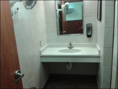 View of sink, mirror and soap dispenser from door at Pilot Travel Center east of Knoxville, TN