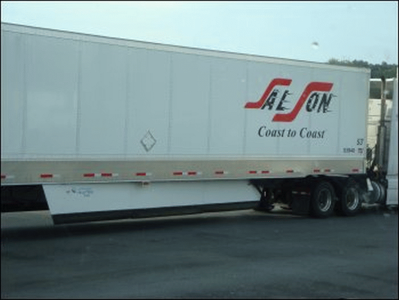 Side skirt air fairing on semi tractor trailer.