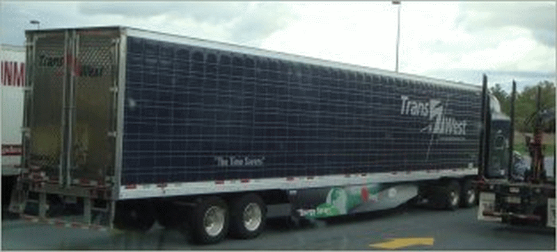 Artwork or advertisement on a Trans West trailer skirt.