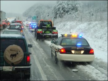 Driving on a snowy road in the winter.