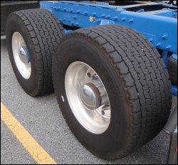 Close-up of super single tires on a tractor.