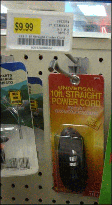 A generic universal 10-foot straight power cord for 12 volt Igloo and Koolatron Coolers.