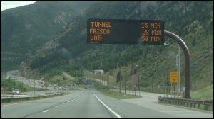 Tire chain station pull off along I-70 in Colorado.