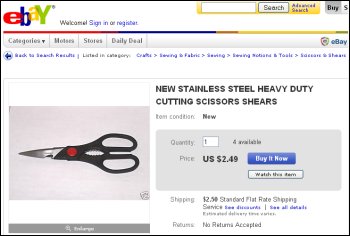 New stainless steel heavy duty cutting scissors shears, on sale through eBay on 2/12/2010.