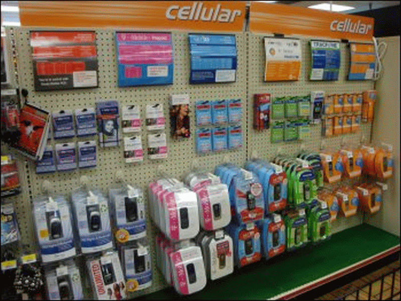 Display of various cell phones and services available at a truck stop.