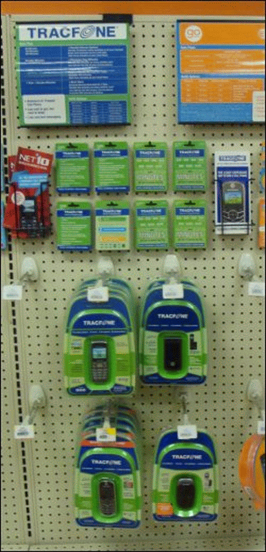 TracFones and service display at a truck stop.