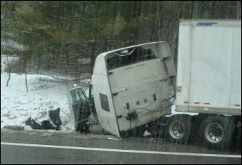 A truck that has been involved in an accident.