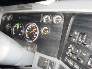 The dash in a Freightliner Class 8 truck.