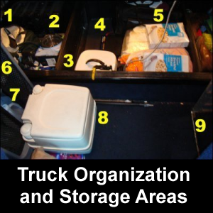 Truck organization in numbered storage areas.