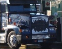 Truck teeth: Jaws bug screen on a tractor pulling a flatbed.