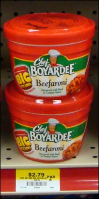 14.5 ounce individual serving of Chef Boyardee beefaroni for sale in a truck stop.