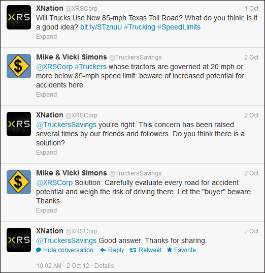Image of Twitter conversation between XNation and TruckersSavings on Texas speed limit increase.