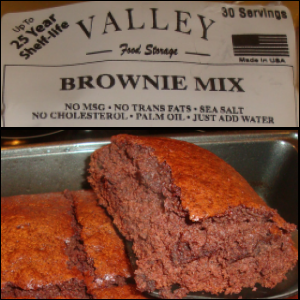 Valley Food Storage Brownie Mix -- package top and prepared brownies.