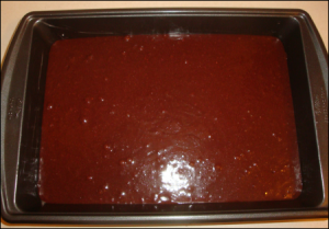 Brownie Mix after having been poured into a baking pan.