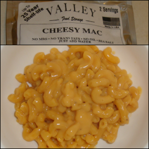 Valley Food Storage 'Cheesy Mac' in package and prepared.