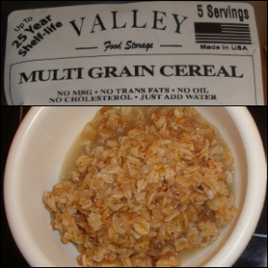 Valley Food Storage's Multi Grain Cereal, package and prepared.