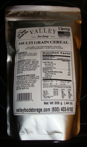 The unopened bag of Valley Food Storage's Multi Grain Cereal.
