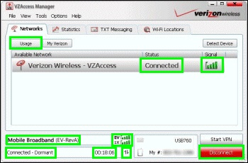 Older Verizon Wireless Mobile Broadband VZ Access Manager screen with highlighted fields showing full signal strength and connection.