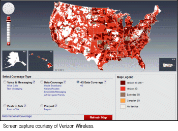 2012 version of Verizon Wireless Mobile Broadband Coverage in the USA, including 4G data coverage.