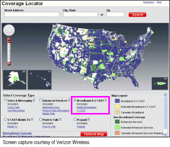 Older Verizon Wireless Mobile Broadband service coverage map