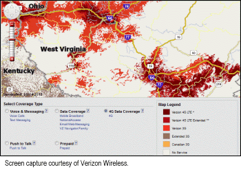 Screen capture of Verizon Wireless Mobile Broadband service in West Virginia in 2012.