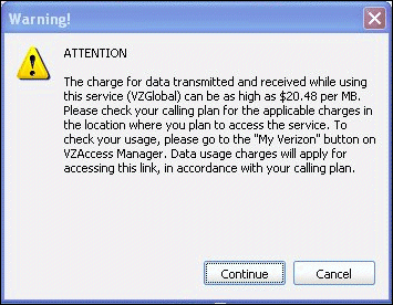 Pop-up box alerting customers of additional fees to connect to Verizon Wireless Mobile Broadband service in selected areas.