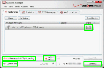 Older Verizon Wireless Mobile Broadband VZ Access Manager with Global Access and no connectivity.