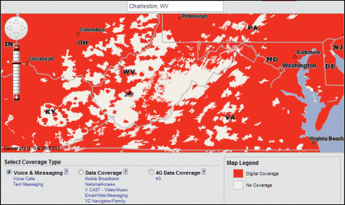 Verizon Wireless Voice and Messaging Digital Coverage map for selected mid-Atlantic states.