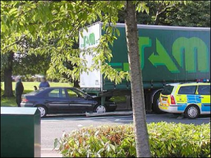 In this picture from Wikimedia, 'A rear-end collision in Yate, near Bristol, England, in July 2004. The car failed to stop when the articulated lorry stopped at a roundabout. The car's bonnet can be seen deep under the rear of the lorry. There were no injuries.'