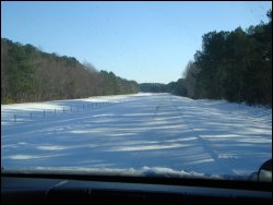 A deserted road following a heavy snowfall in North Carolina.