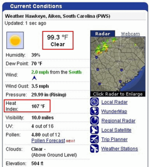 Snapshot of Wunderground's weather report of Aiken, South Carolina's weather on June 16, 2010. The Heat Index was 107 degrees F.