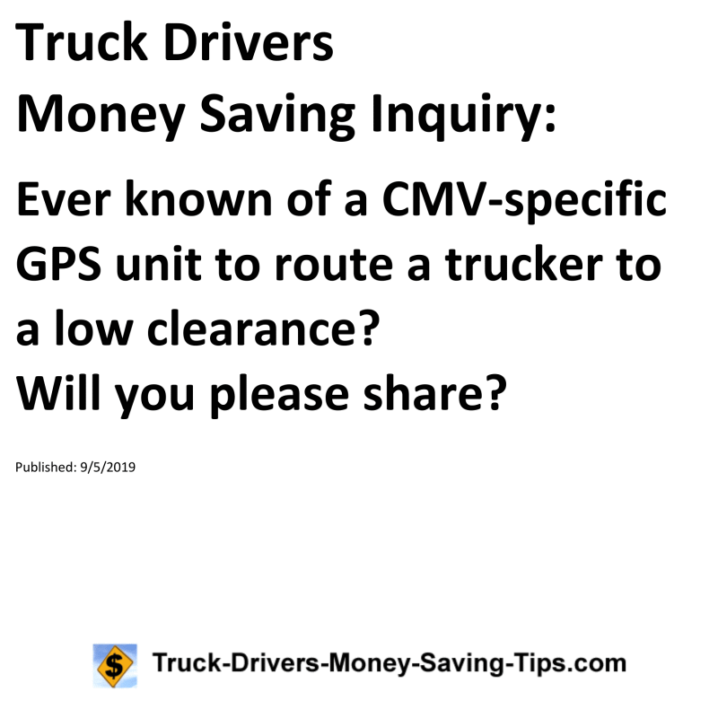 Truck Drivers Money Saving Inquiry for 09-05-2019