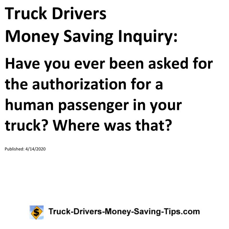 Truck Drivers Money Saving Inquiry for 04-14-2020