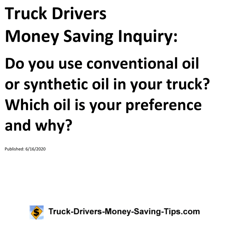 Truck Drivers Money Saving Inquiry for 06-16-2020