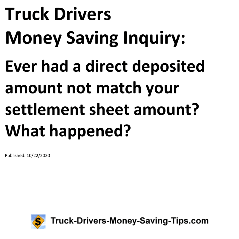 Truck Drivers Money Saving Inquiry for 10-22-2020