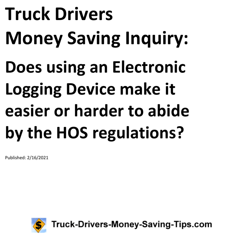 Truck Drivers Money Saving Inquiry for 02-16-2021