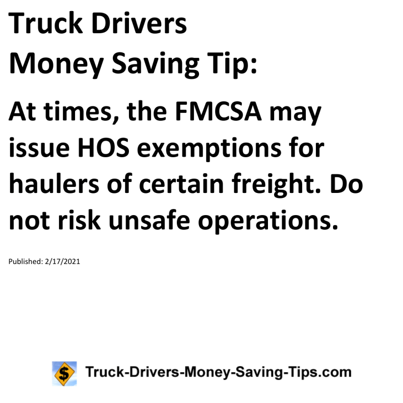 Truck Drivers Money Saving Tip for 02-17-2021