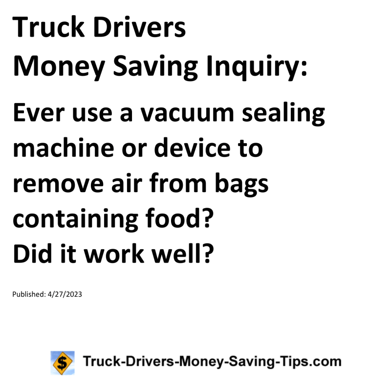 Truck Drivers Money Saving Inquiry for 04-27-2023