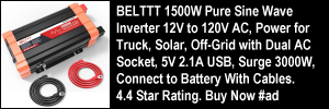 BELTTT 1500W Pure Sine Wave Inverter 12V to 120V AC, Power for Truck, Solar, Off-Grid with Dual AC Socket, 5V 2.1A USB, Surge 3000W, Connect to Battery With Cables. 4.4 Star Rating. Buy Now #ad